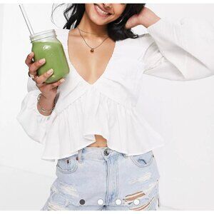 Asos blouse top white long flowy sleeves semi cropped V-neck BoHo SZ 6